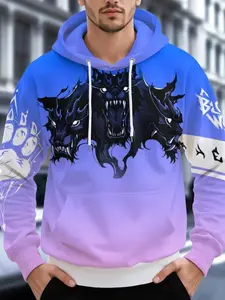 Men's 3D Wolf Print Hoodie, Blue Gradient Street Style Pullover, Casual Round Neck Long Sleeve Top, Unique Design, Soft Fabric