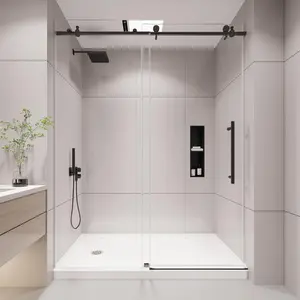 KPUY Frameless Shower Door, 55-60" W x 76" H Sliding Glass Shower Door, 1/4" (6mm) Thick Tempered Clear Glass with Explosion-Proof Film Nano Coating, Stainless Steel Hardware, Matte Black