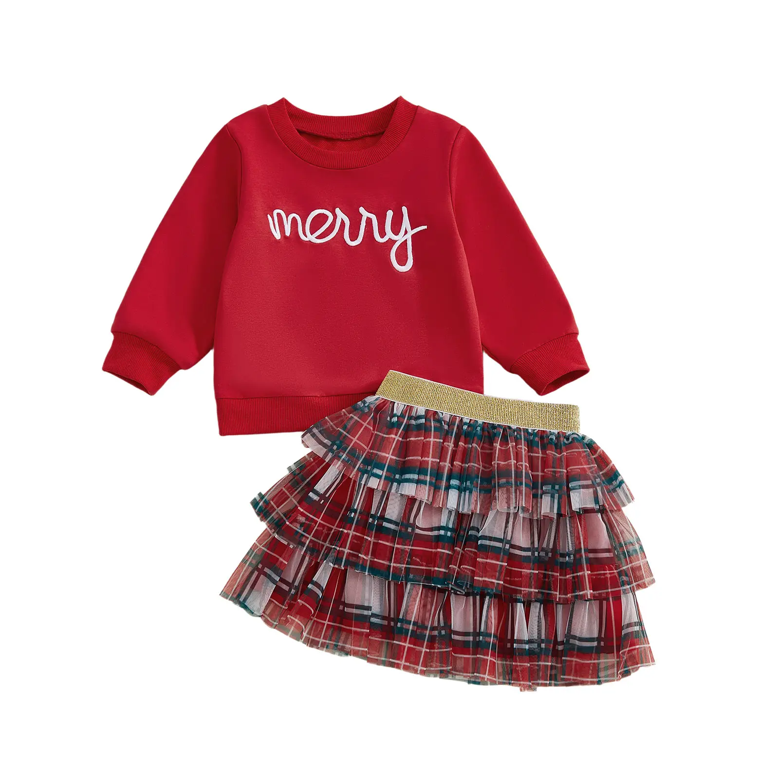 Girls' Christmas Skirt Set, Toddler 2-Piece Outfit with Long Sleeve 'Merry' Embroidery Crew Neck Sweatshirt and Plaid Tutu