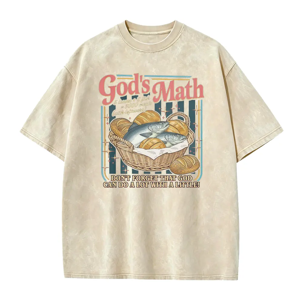 Women's Cotton Smooth Ribbed Seamless Short-Sleeve Casual Baggy Christian T-Shirt - Loaves and Fishes Faith Apparel, "God Can Do A Lot With Little" Graphic Top for Believers