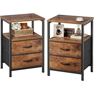 Night Stand Set of 2, Nightstand with 2 Drawers, Bed Side Table with Open Shelf, Wooden Top, End Table, Fabric Drawer, for Bedroom, Rustic Brown