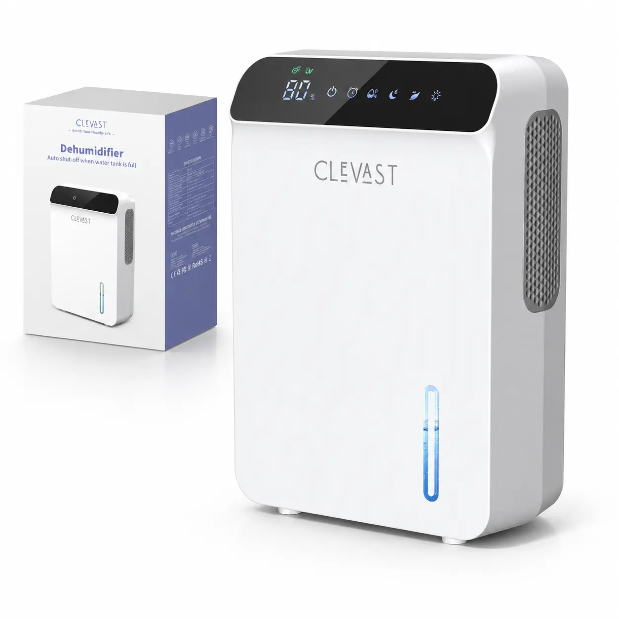 CLEVAST 2-in-1 Portable Dehumidifier, 23oz/Day Dual Semiconductor Dehumidifier, Quiet 30dB Sleep Mode, UV-C Negative Ion Air Purifier, 68oz Tank & Drain Hose for Bathroom Bedroom Closet RV