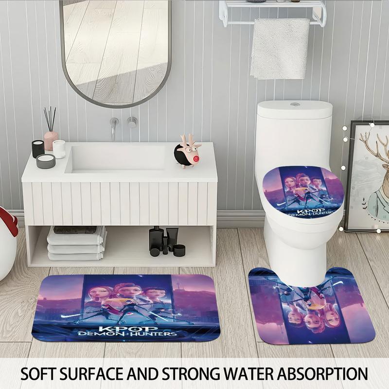 K-Pop Demon Hunters Bathroom Set, Shower Curtain with Hooks, Non-Slip Bath Rug, U-Shaped Toilet Mat, Toilet Lid Cover, Bathroom Decoration Accessories
