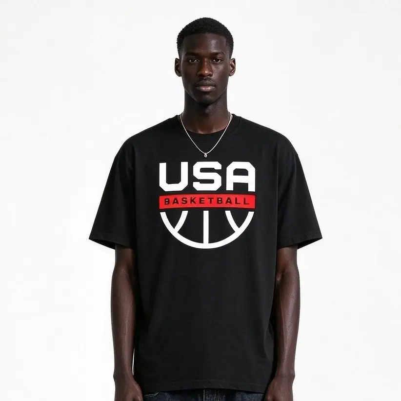 Men's USA Basketball Graphic Crew Neck T-Shirt - Black with Red & White Print, Soft Breathable Fabric, Regular Fit Short Sleeve Sports Top for Casual Wear