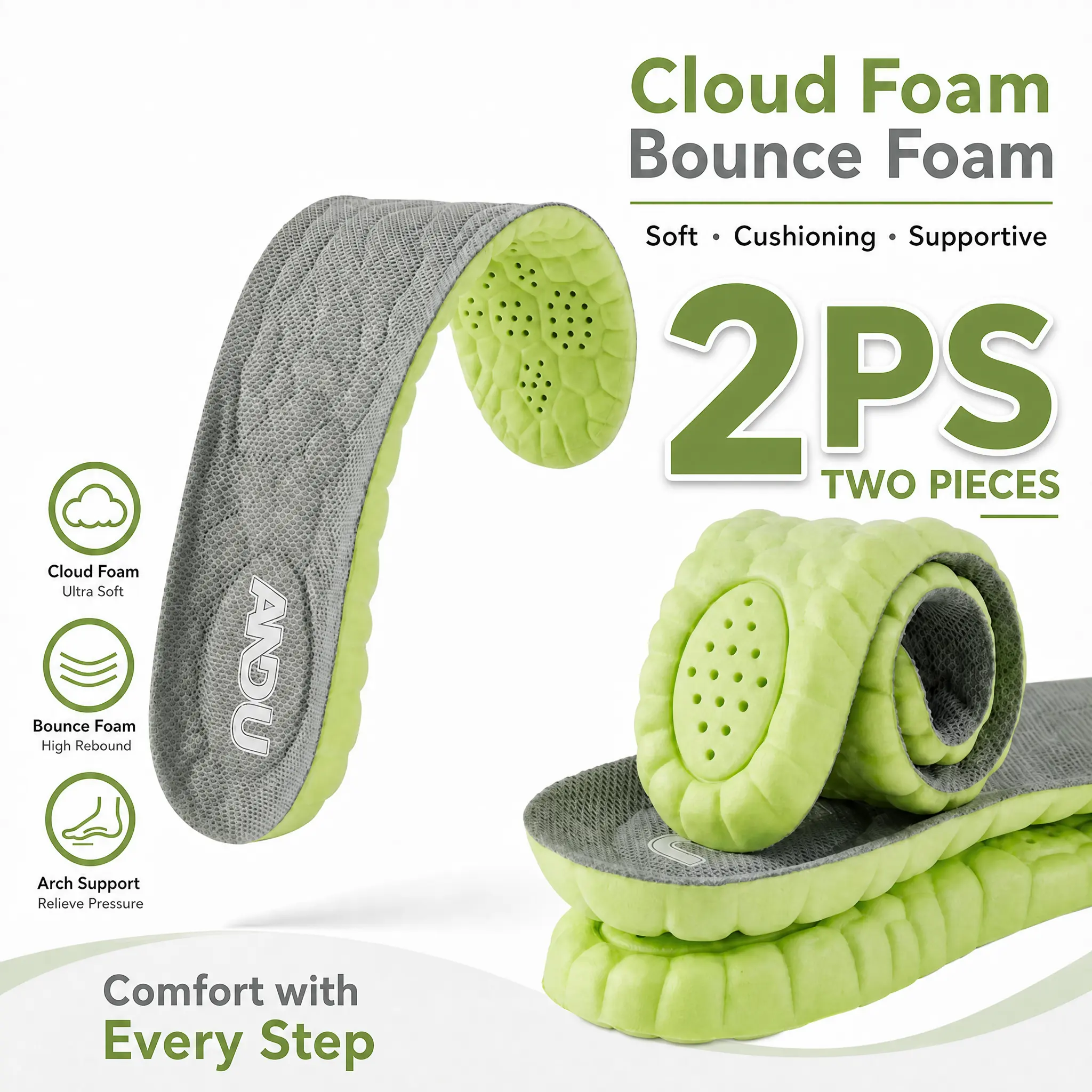 2-Pack ANDU PU Cloud Foam Insoles - Ultra Soft Anti-Fatigue Shoe Inserts for Standing All Day, Work Boots & Sneakers