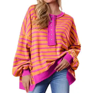 Womens Oversized Striped Sweatshirts Henley Shirts Color Block Casual Pullover Waffle Knit Tops
