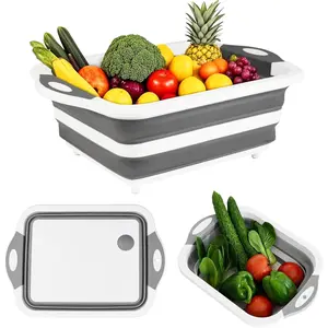 Collapsible Cutting Board, Foldable Dish Tub, Camp Sink, Foldable Camp Sink & BBQ Prep Tub, Multi-Function Dish Station, Food Prep & Drain Basket (Grey + White)