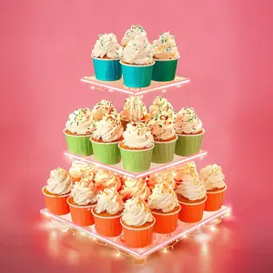 Acrylic Cupcake Stand with LED Light Strings - 3 Tier Premium Cupcake Tower - Cup Cake Tier Stand for Dessert Table - Ideal for Weddings Birthday Parties - Pack of 1 - Red