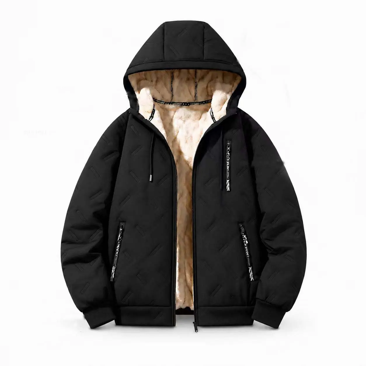 Men's Hooded Sherpa‑Lined Winter Puffer Jacket With Red White Blue Star Embroidery, Warm Zip‑Up Quilted Outerwear