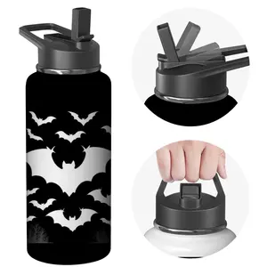 Stainless Steel Water Bottle with Flip Lid - Black and White Bat Print - Halloween Theme - Outdoor Sports and Daily Use