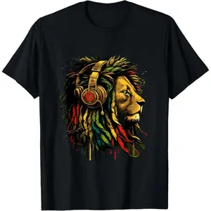 Cotton Rasta Reggae Headphones Jamaican Pride Lion of Judah T Shirt