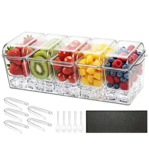 VEVOR Ice-Cooled Kitchen Condiment Server Caddy with Utensils, Durable 5-Compartment Plastic Storage Container, Separate Lids, Spill-Safe Mat, Tongs & Spoons Set for Food Service, Family Gatherings