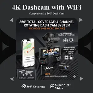 [Includes 64GB Card] 4 Channel Dash Cam 360° Front Rear Inside, 1080P Car Camera with Built-in WiFi GPS, Super Night Vision, 24H Parking 4 Channel Dash Cam Front and Rear Inside, 360° Car Camera for Uber/Rideshare