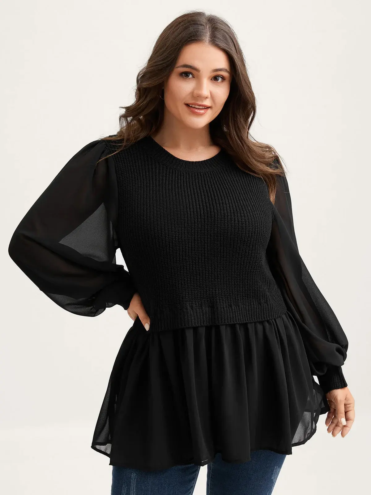 Bloomchic #246 Balloon Sleeve Solid Twofer Sweater