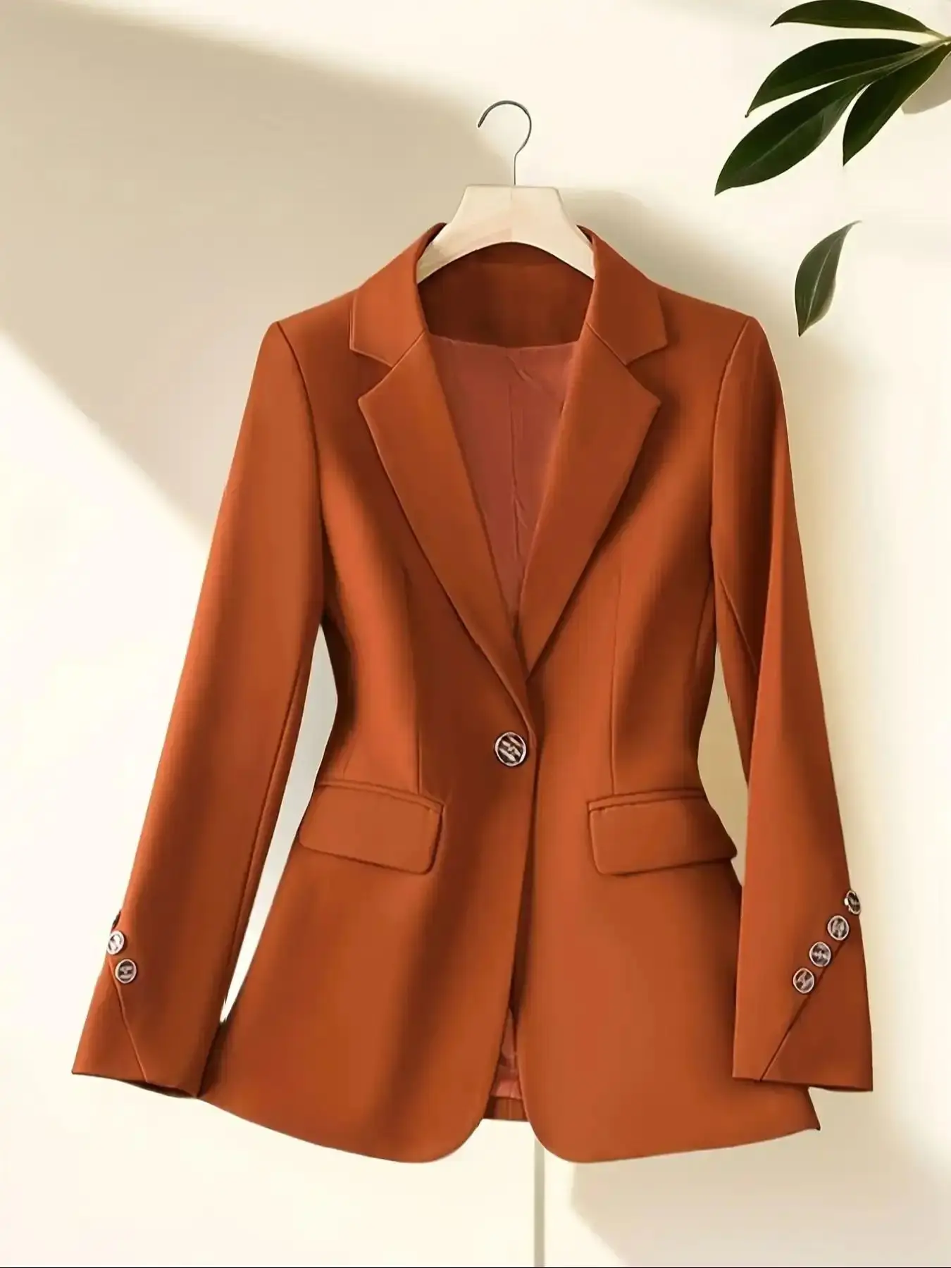 Minimalist Tailored Button-Front Jacket for Women, Fitted Long Sleeve Solid Color Blazer Style, Autumn Winter Work Casual Outerwear Layer Design, Polished Professional Look Trending Now, Effortless Office