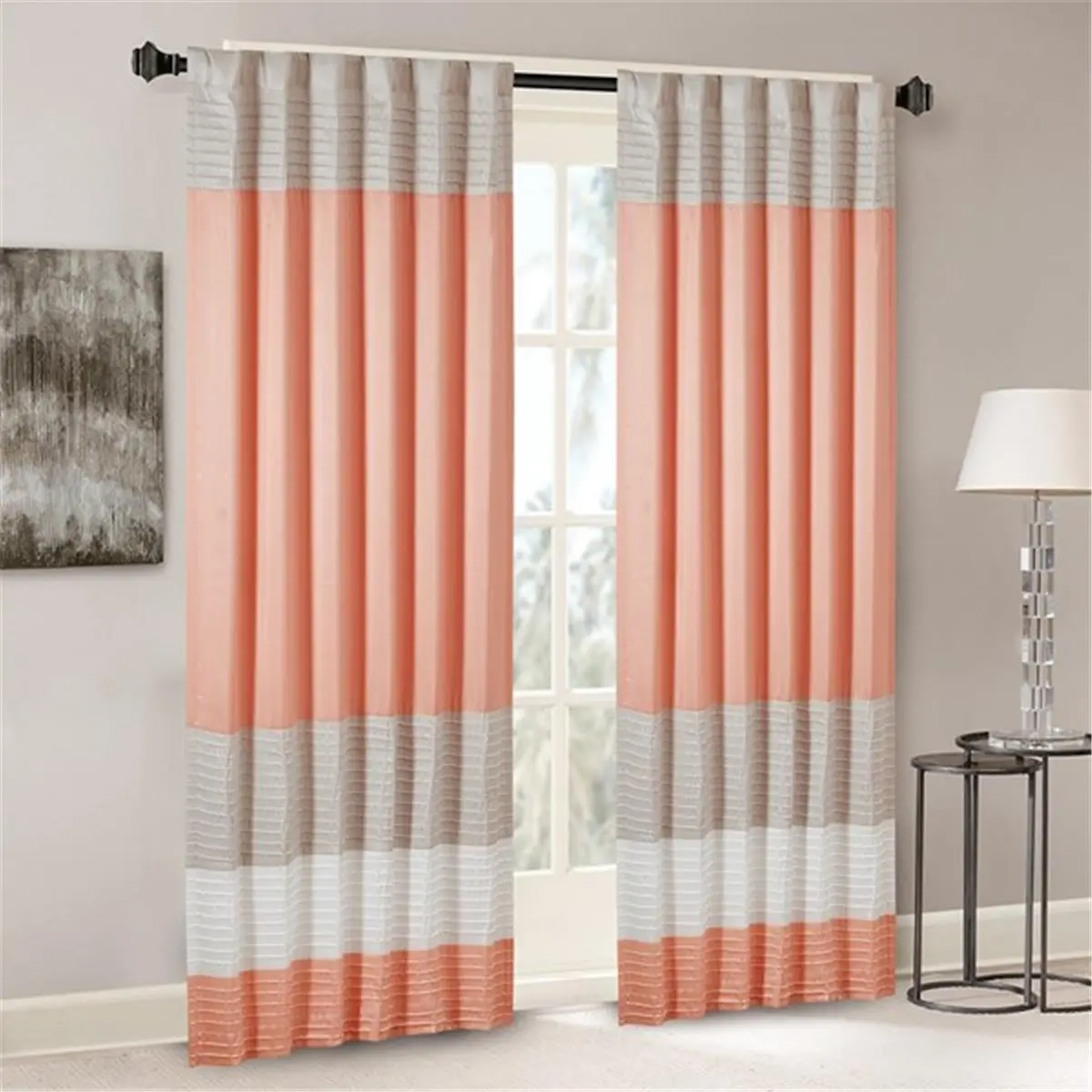 Madison Park MP40-4372 Single 84 in. Striped Amherst Polyoni Pintuck Window Curtain, Coral Household Textile Accessory