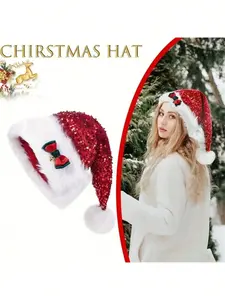 Christmas Sequin Santa Hat with Tassel Bow, Holiday Party Knit Cap, 100% Polyester, Hand Washable, Non-Stretch, Costume Accessory