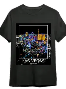Las Vegas Nevada Skyline T-Shirt for Men |   Retro Vegas Strip Graphic Tee with Iconic Landmarks, Breathable Casual Shirt, Machine Washable Black Crewneck Top, Regular Fit, All-season Wear