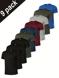 9-Pack Men's Premium Top Short Sleeve T-Shirts, Menswear, Moisture-Wicking Quick-Dry Fabric, Breathable Round Neck, Ideal for Fitness & Casual Wear