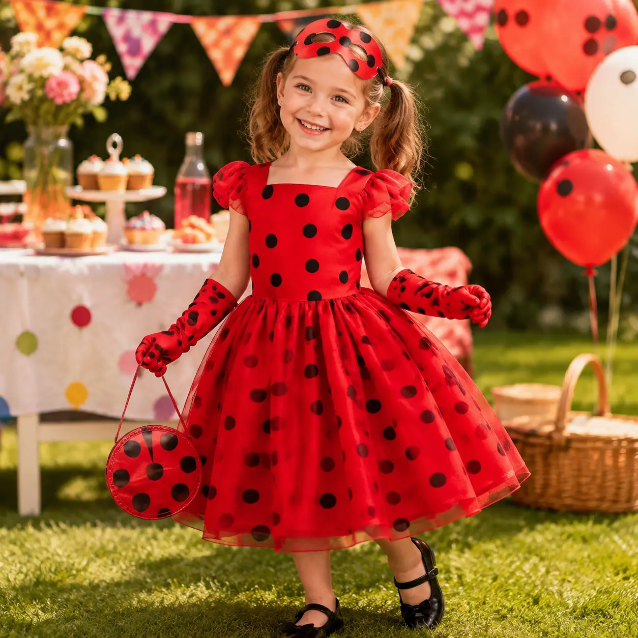 Girls Ladybug Costume Set, Miraculous Ladybug Princess Tutu Dress with Mask, Gloves, Coin Purse & Hair Clips, Kids Halloween Birthday Party Cosplay Outfit for Toddler Little Girls sohochic
