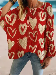 Women's Heart Colorblock Print Long Sleeve Knit Top, Casual Elegant Vacation Style Sweater, Loose Batwing Shoulders, Spring Fall Clothing
