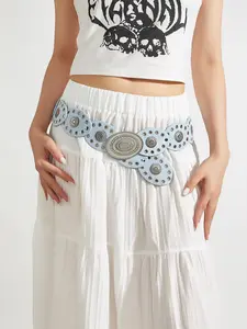 Blue Women's Belt, Boho Style, Silver Color Rivet Eyelet, Vintage Light Blue Velvet, Y2K Western Cowboy Belt, Rivet Decorated Belt, Chunky Belt for Daily Use