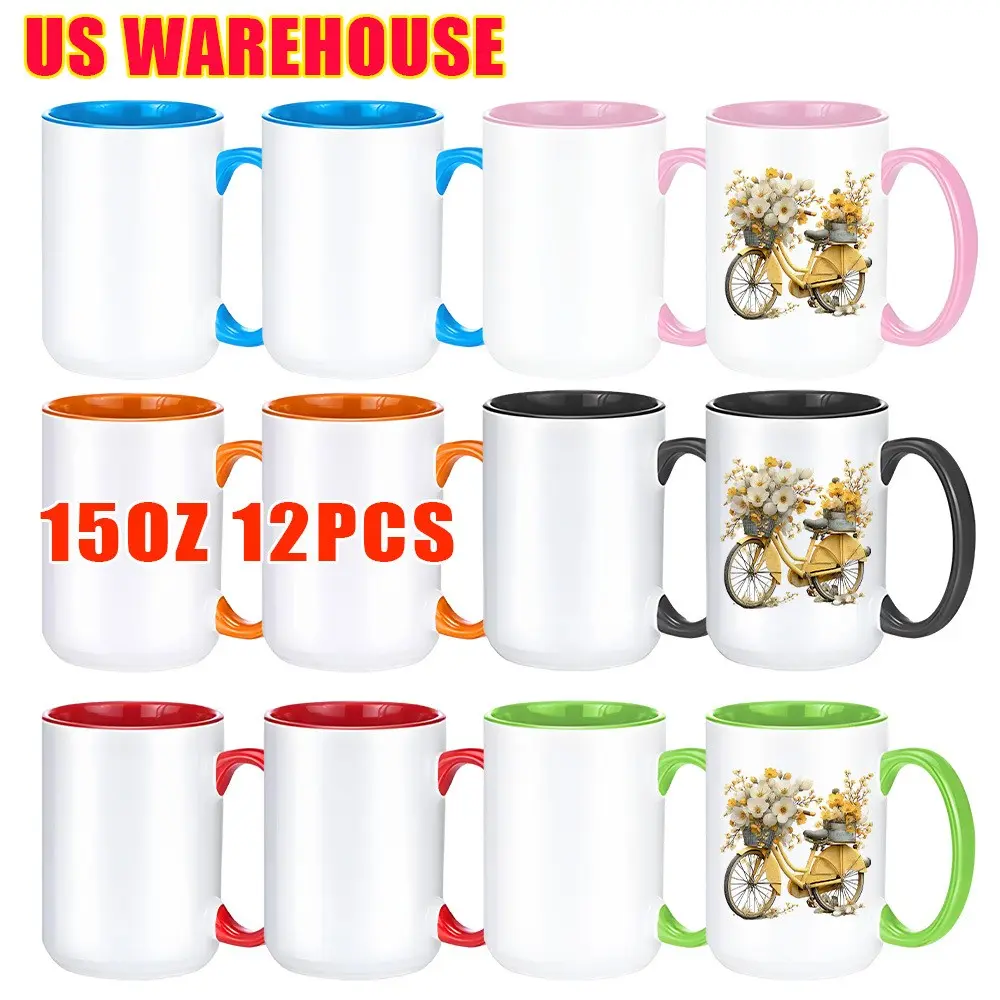 12 Pack 15Oz Sublimation Mugs Blank, Coated Ceramic Coffee Mug for Milk Tea Latte Hot Cocoa, Porcelain Sublimacion Cups with Box, Assorted Colors