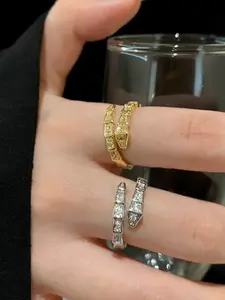 Women's Silver Color Snake Ring, Adjustable Open Design, Zirconia Inlay, Trendy Fashion Accessory for Daily Wear & Stylish