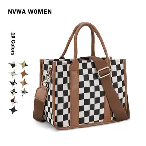 Checkered Crossbody Bag, Canvas Work Tote, Black and White Purse, Casual Tote Handbags for Work & Travel