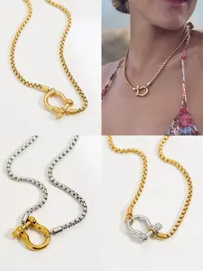 Trendy Carabiner Necklace Minimalist Dainty Gold Plated Surgical Steel Box Chain Jewelry Unisex for Couples Everyday Layering Gift Idea