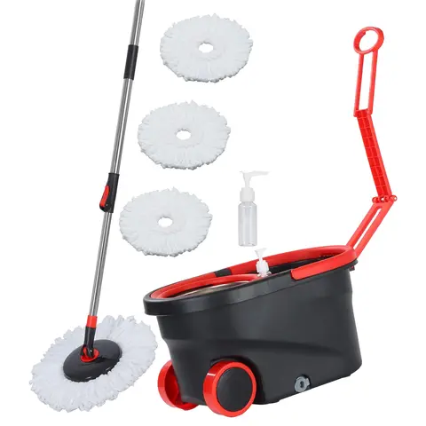 Spin Mop and Bucket Set, 360° Spin Mop and Bucket with Wringer Set and 3 Microfiber Mop Replacement Heads Refills, 61" Stainless Steel Extended Handle Spinning Mop Bucket System for Floor Cleaning