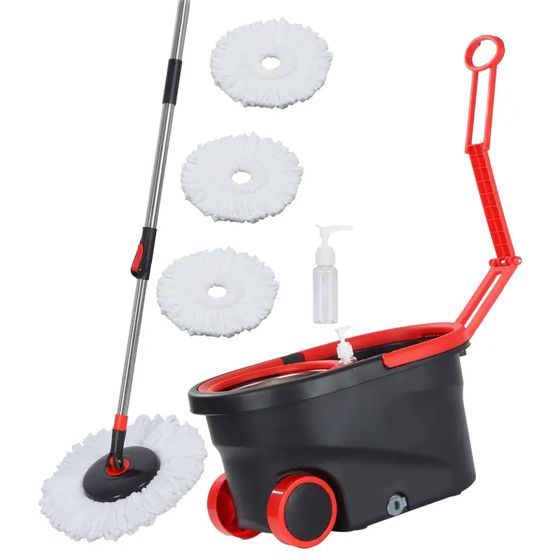 Spin Mop and Bucket Set, 360° Spin Mop and Bucket with Wringer Set and 3 Microfiber Mop Replacement Heads Refills, 61" Stainless Steel Extended Handle Spinning Mop Bucket System for Floor Cleaning
