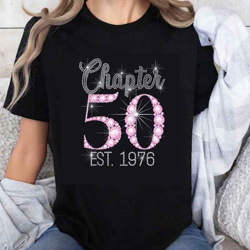 Women's 100% Cotton Short-Sleeve Crewneck Casual Everyday Graphic T-Shirt, Chapter 50 Est 1976 Birthday Celebration Rhinestone Bling, Shortsleeve, Round Neck, Top, Tshirt, Birthday Theme, Graphic Print