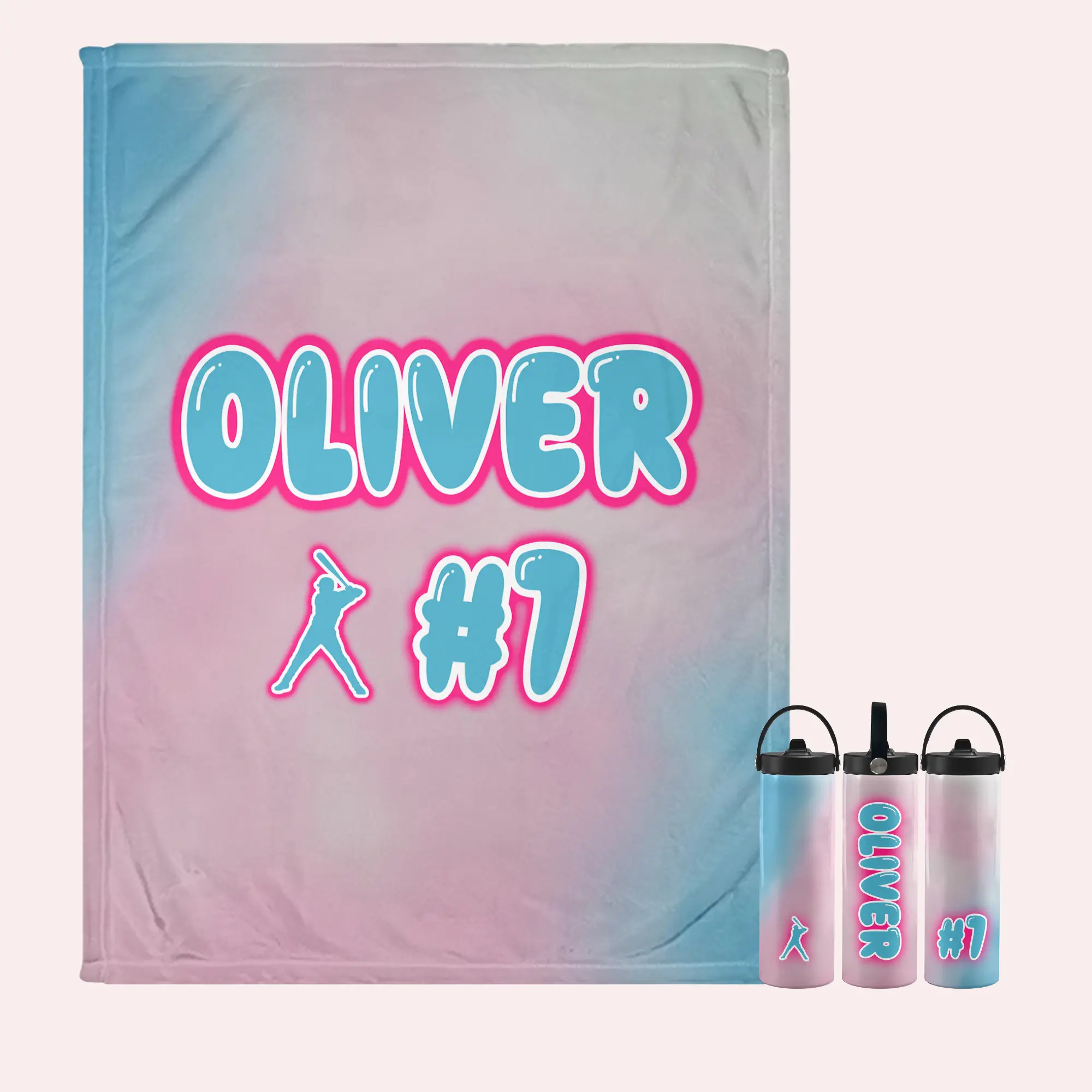 Cotton Candy Land Baseball Personalized Gift Set - 50inx60 or 60inx80 Throw Blanket & 20oz Water Bottle for Cozy evenings or Thoughtful Gifts
