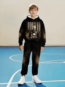 Boys' Fashion Junior 3D Football Star Character Print, Cool Color Pattern, Casual Hooded Long Sleeve Athletic Sportswear Set, Spring & Fall, Youth Kits