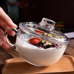 1 set large-capacity tempered glass cup with lid and handle, thickened breakfast oatmeal and milk glass cup, microwave heat-resistant, suitable for desserts and spaghetti, Drinkware