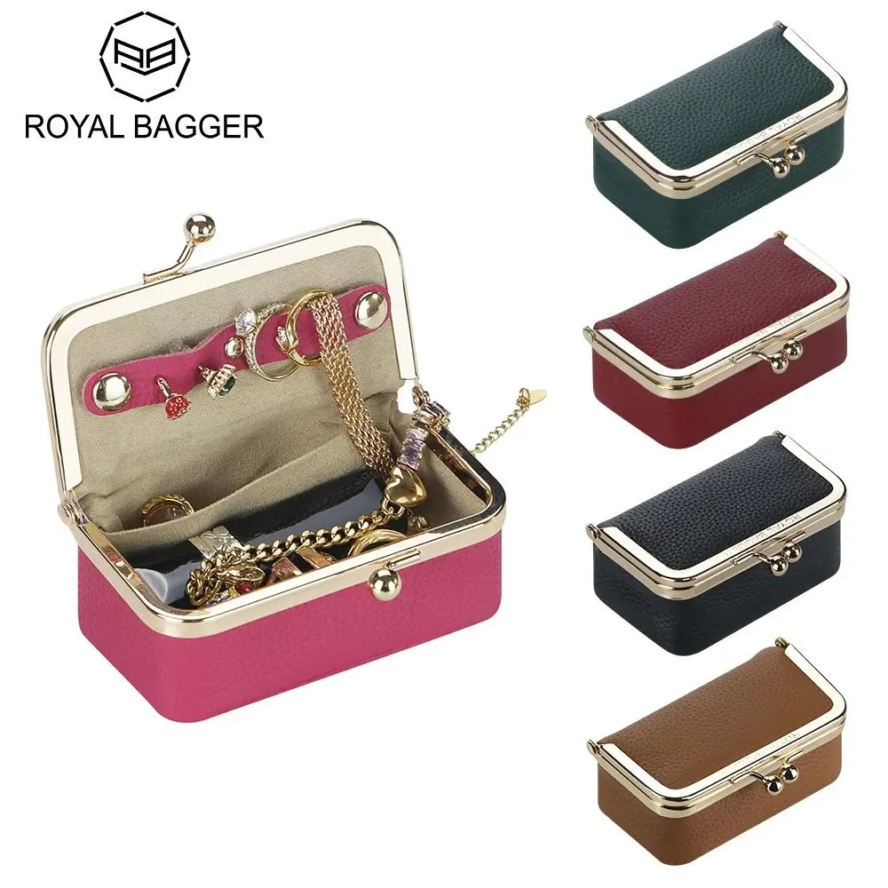 Royal Bagger Genuine Leather Jewelry Box for Women, Mini Travel Organiser with Kiss Lock, Compact Pouch for Rings & Earrings, Metal, Lightweight, Accessories For Women, Classic, Daily Organization, Mini Gadgets For Purse, Storage Organizer, Gifts For Wome