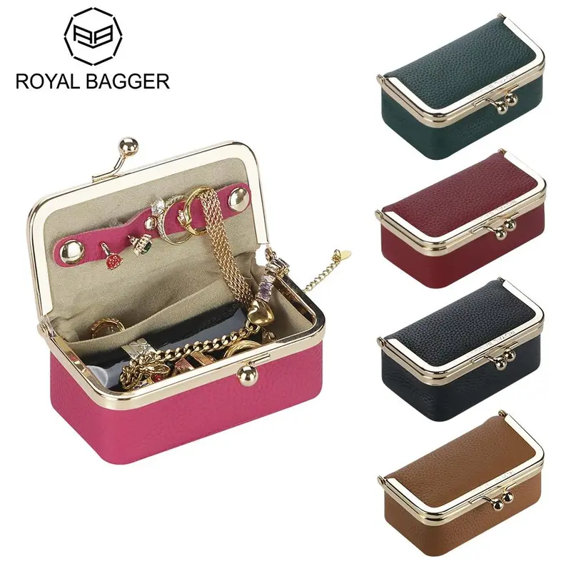 Royal Bagger Women's Elegant Design Genuine Cow Leather Jewelry Storage Organizer Box - 10x5.5x4cm/3.93x2.16x1.57in Travel-Ready Size, Smooth Metal Kiss Lock, Compact Lightweight, Beauty Organization, Mini Useful Gifts for Women (Rings Stay Put)