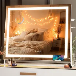 Mirror with Lights, 25.6" x 21.3" LED Makeup Mirror, Light up Mirror with 10X Magnification and Phone Holder, USB  Port,   3 Colors Dimmable, 360? Rotation (White)