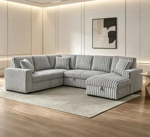 122-Inch Rabbit Plush Fabric U-Shape Sectional Sleeper Sofa Bed, Oversized Pull-Out Couch with USB Ports, Comfy Upholstery, Storage Chaise, Grey