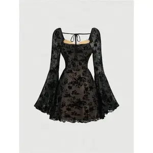 Women Floral Jacquard Mesh gothic Dress Flare Long Sleeve A-line Vintage Dress