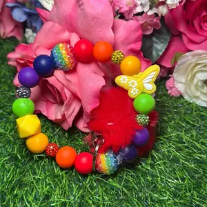 Rainbow flutters wristlet Keychain color scheme rainbow and  bling beads circled with wire