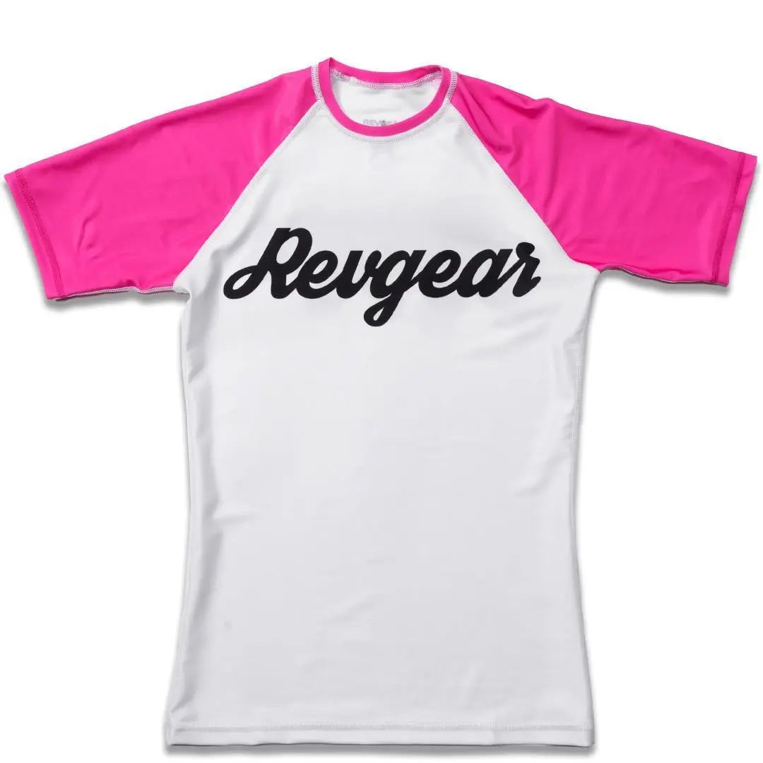 Revgear Ladies Grizzly Performance Short-Sleeve Rashguard - White & Pink, Moisture-Wicking, Compression Fit.