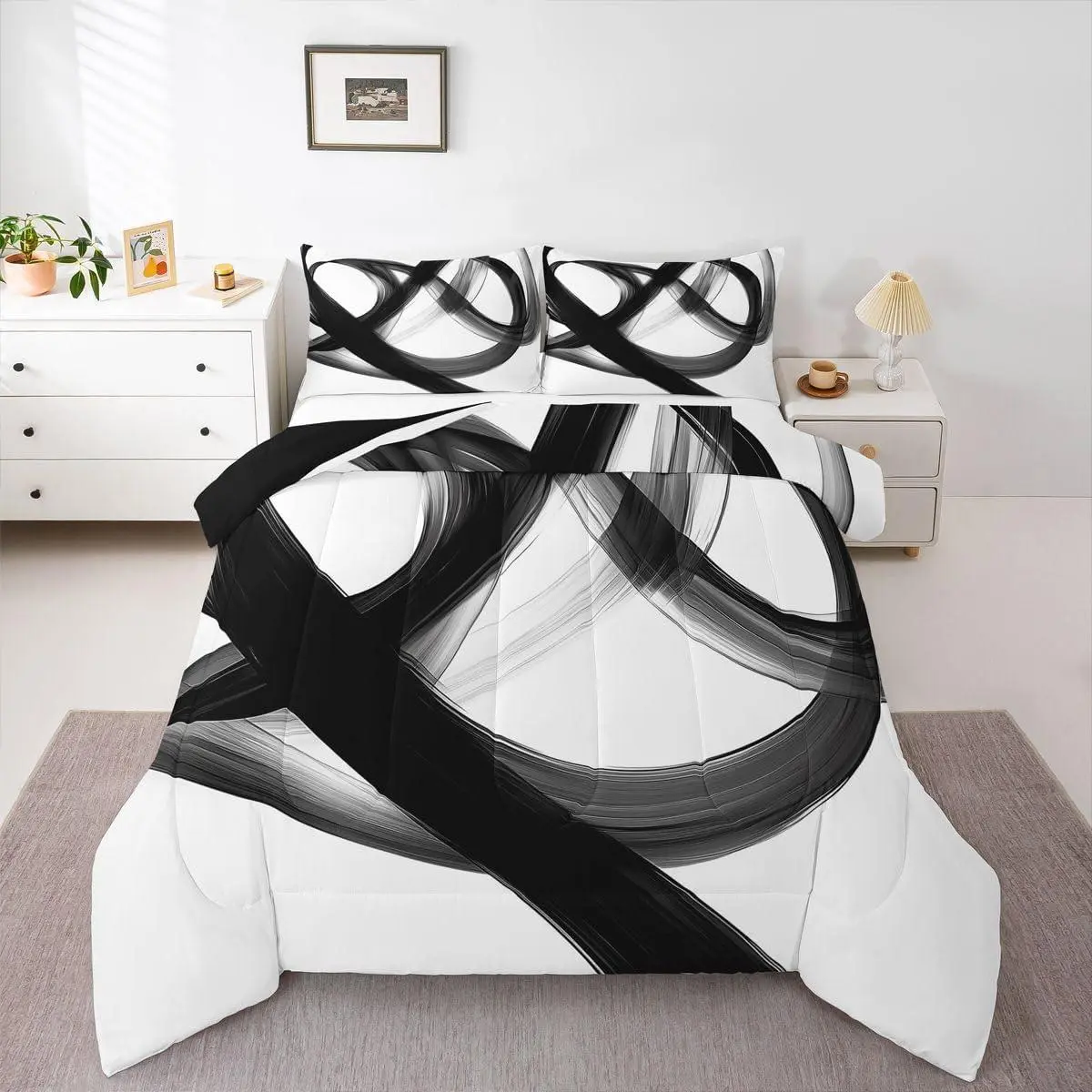 Abstract Modern Black White Comforter Set,Neutral Minimalist Lines Bedding Set for Boys Men Geometric Duvet Insert Contemporary Art Simple Quilt Comforter Room Decor,