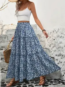 Women's Spring Summer Ditsy Floral Belted 3-Tiered Maxi Skirt, Elegant High-End A-Line Long Skirt