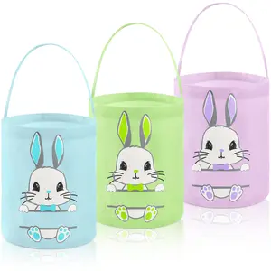 3 Pack Canvas Bunny Easter Basket Large Cute Easter Egg Hunt Basket with Handle, Bags Buckets for Gifts(Green, Purple, Blue)
