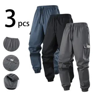 Men’s Workwear Long Pants with Multiple Pockets, Wear-Resistant, Loose Fit, Outdoor Casual Straight-Leg Design Menswear Pants Plain Trouser