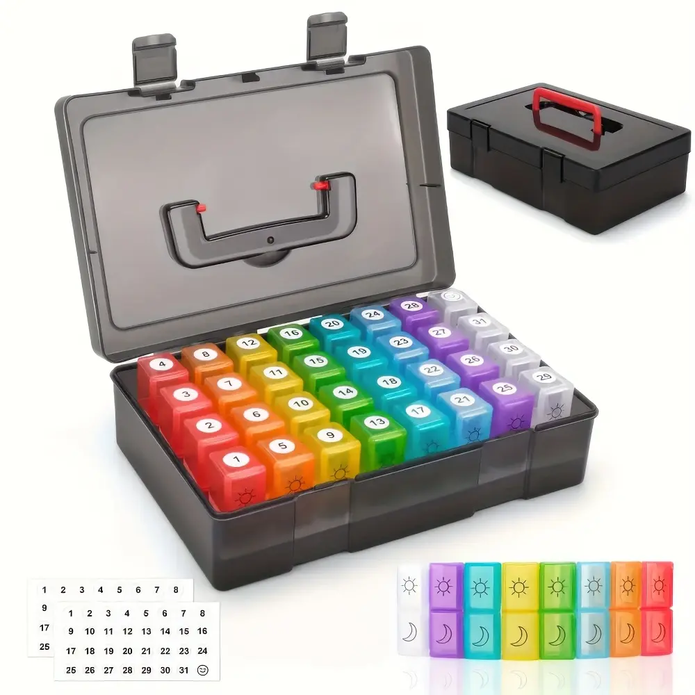 10-in-1 Large Medicine Pill Box Set, Daily 2-3 Times Use, Includes Weekly Travel Bag, Tablet Divider, Easy-Open Dispenser Stick, Retrieval Tool, 2 Label Stickers