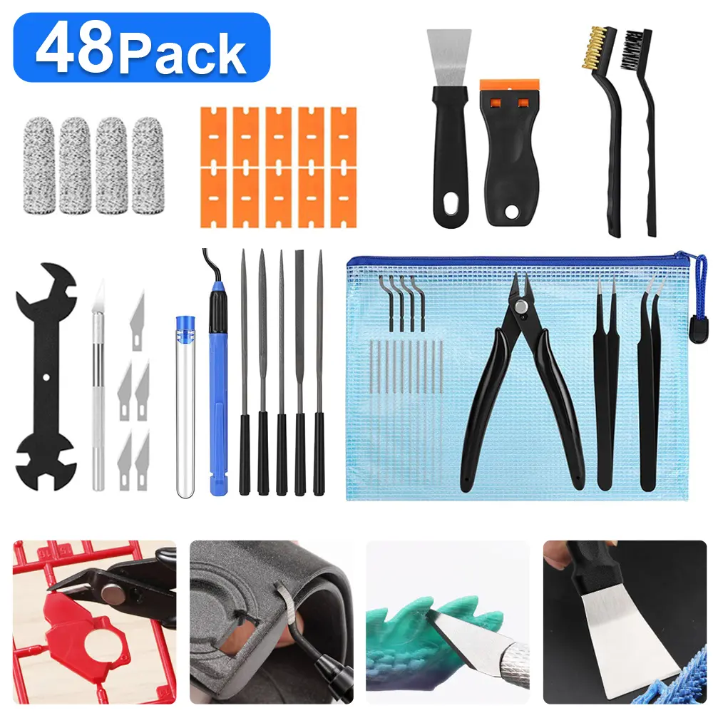 48 pcs 3D printer tool kit for 3D printing disassembly, cleaning, and finishing, including deburring tools, scrapers, files, cutting knives, pliers, wrenches, tweezers, finger cots, and cleaning brushes