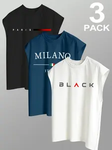 Men's 3-Piece Letter Print Sleeveless Round Neck T-Shirt Set, Casual Comfortable Top Vest, Summer Outdoor Fitness Wear, Streetwear